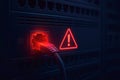 Close-up of server rack with red glowing network cable plugged in and warning symbol ethernet Royalty Free Stock Photo