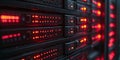 Close-up of server racks blinking red lights, indicating activity.Data center Royalty Free Stock Photo