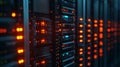 Close-up of server racks blinking red lights, indicating activity.Data center Royalty Free Stock Photo