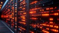 Close-up of server racks blinking red lights, indicating activity.Data center Royalty Free Stock Photo