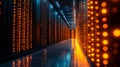 Close-up of server racks blinking red lights, indicating activity.Data center Royalty Free Stock Photo