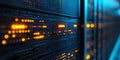 Close-up of server racks blinking red lights, indicating activity.Data center Royalty Free Stock Photo