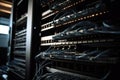 close-up of server room with rack after network equipment and cables Royalty Free Stock Photo