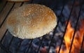 Close up sesame bun for burger on bbq fire grill