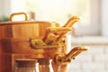 Close up of a set of copper cookware Royalty Free Stock Photo