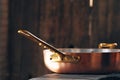 Close up of a set of copper cookware Royalty Free Stock Photo