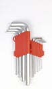 Close up of a set of hex keys in a red box. A set of hand tools for steel bolts of various sizes. Royalty Free Stock Photo