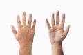 Close-up set man's palm and back of hand goodwill gesture. Open outstretched hand, showing five fingers.