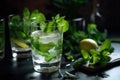 close-up of set of mojito cocktail glasses and mint sprigs
