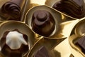 Close-up of several assorted chocolates in a yellow packing box Royalty Free Stock Photo