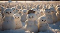 AI generated. Close-up of several cute funny snowmen made from snow.