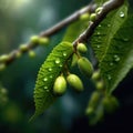 Close-up of several green leaves, with droplets of water on them. These leaves are attached to branches of tree or plant Royalty Free Stock Photo