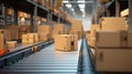 Close-up of several packages of cardboard boxes moving along a conveyor belt in a warehouse