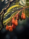 Close-up of several red berries hanging from branches of tree. These berries are covered in water droplets, which give Royalty Free Stock Photo