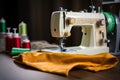 Close up of a sewing machine in action, with fabric and threads Royalty Free Stock Photo