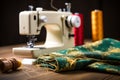 Close up of a sewing machine in action, with fabric and threads Royalty Free Stock Photo