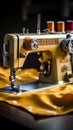 Close up of a sewing machine in action, with fabric and threads Royalty Free Stock Photo