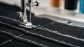 Close-up of sewing machine needle stitching black fabric with white thread Royalty Free Stock Photo