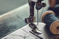 Closeup of sewing needle. Spool of thread on working part of antique sewing machine