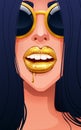 Close-up of sexy woman face in glasses, lips with dripping gold lipgloss