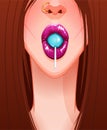 Close-up of woman`s mouth with beautiful pink lips sucks a lollipop