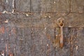 Close-up of shabby wooden door with rusty doorbell