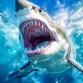 close-up of a shark's mouth with jaws and sharp teeth in the depths of the ocean