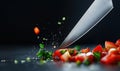 A chef's knife dices vibrant tomatoes and fresh herbs on a sleek, dark surface with dynamic precision. Royalty Free Stock Photo