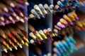 Close-Up of Sharp Colored Pencil Tips. Multiple rows of colored drawing pencils Royalty Free Stock Photo