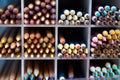 Close-Up of Sharp Colored Pencil Tips. Multiple rows of colored drawing pencils Royalty Free Stock Photo