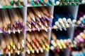 Close-Up of Sharp Colored Pencil Tips. Multiple rows of colored drawing pencils Royalty Free Stock Photo