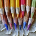 close-up of sharpened colored pencils in artistic arrangement