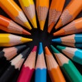 close-up of sharpened colored pencils in artistic arrangement