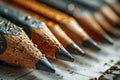 Close-up of sharpened pencils with graphite tips and wood shavings on lined paper surface Royalty Free Stock Photo