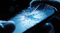 Close-up of a shattered smartphone screen with reflective glass fragments Royalty Free Stock Photo