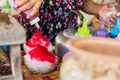 Close up the shave ice with red sugar syrup, topping with sweetened condensed milk Royalty Free Stock Photo