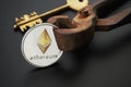 Ethereum coin golden key and rusty vintage nippers