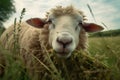 close-up of sheep eating grass in meadow
