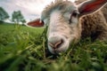 close-up of sheep eating grass in meadow