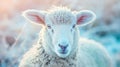 A close up of a sheep with its eyes closed in the snow, AI