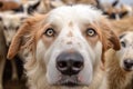 close-up of a sheepdogs eyes, focused on a group of sheep