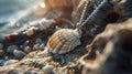 Close up of a shell resting on a rock, suitable for nature and beach themes Royalty Free Stock Photo