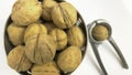 shelled walnuts and nutcracker Royalty Free Stock Photo