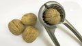 Shelled walnuts and nutcracker Royalty Free Stock Photo