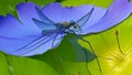 A close-up of a shimmering damselfly perched on a water lily leaf