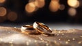 Close-up of shimmering gold wedding rings on glittery background with text space