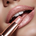 Close-up of shimmering lipstick application on lips with a soft shade in bright light Royalty Free Stock Photo