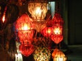 Close up of Shining lanterns in khan el khalili souq market with Arabic handwriting on it in egypt cairo Royalty Free Stock Photo