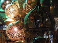 Close up of Shining lanterns in khan el khalili souq market with Arabic handwriting on it in egypt cairo Royalty Free Stock Photo