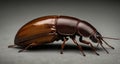 Close-up of a shiny brown beetle on a gray surface